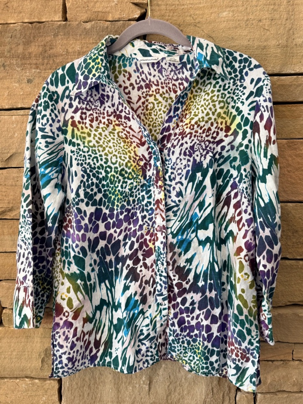 Lightweight Irish Linen Jewel Toned Animal-Print Breezy Button-Up 3/4 SleeveTop